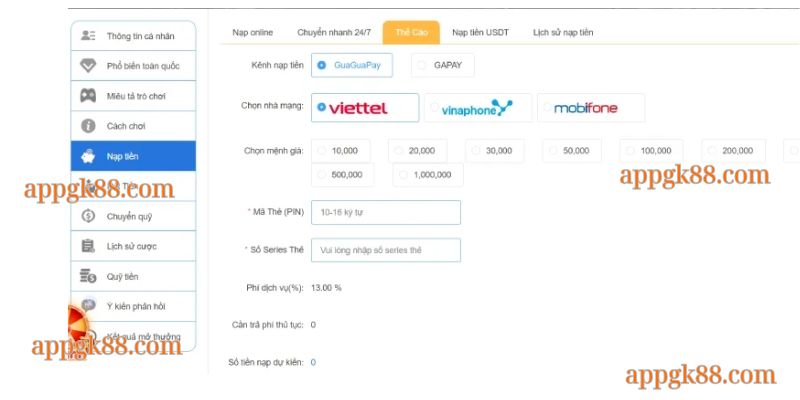 Nạp tiền gk88 bằng thẻ cào
